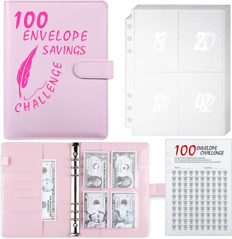 MUQING 100 Envelope Challenge Binder, 25 Sheets Silkscreen Numbers to 100, Not Stickers, Reusable Tracker, Easy and Fun 100 Envelopes Money Saving Challenge Save $5050, Budget Planner & Saving Money (Pink) - Image 1